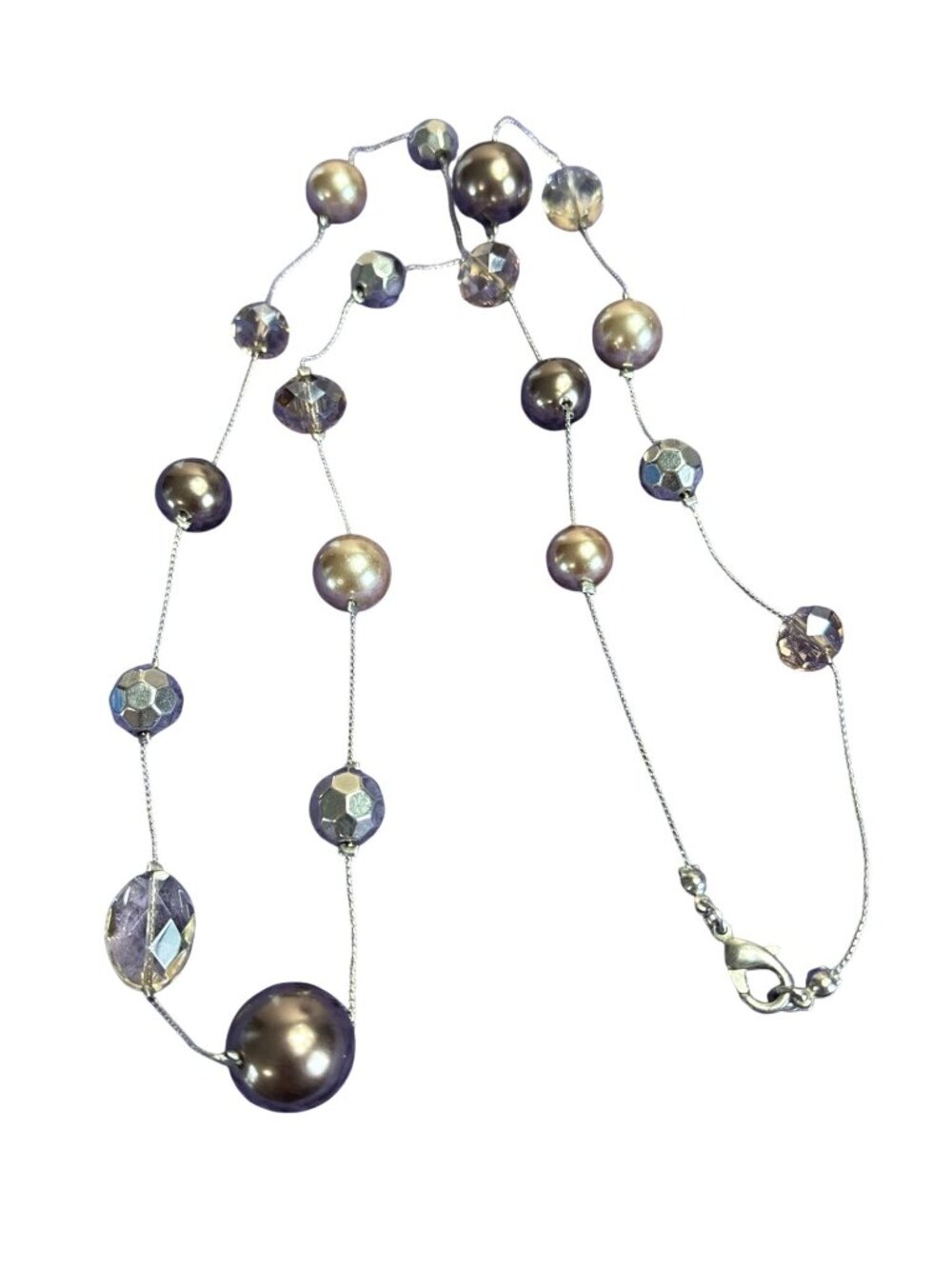 Chunky Plastic Faux Pearl Faceted Glass Station Beaded Silvertone Chain Necklace